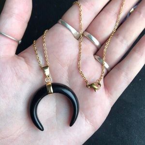 Black onyx crescent moon horn gold necklace